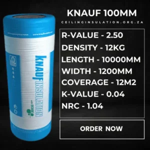 Compressed roll of Knauf 100mm Earthwool insulation with soft brown glasswool texture. Clearly branded with Knauf’s ECOSE® label, showcasing its formaldehyde-free and eco-friendly manufacturing. Ideal for ceiling applications in South African homes.